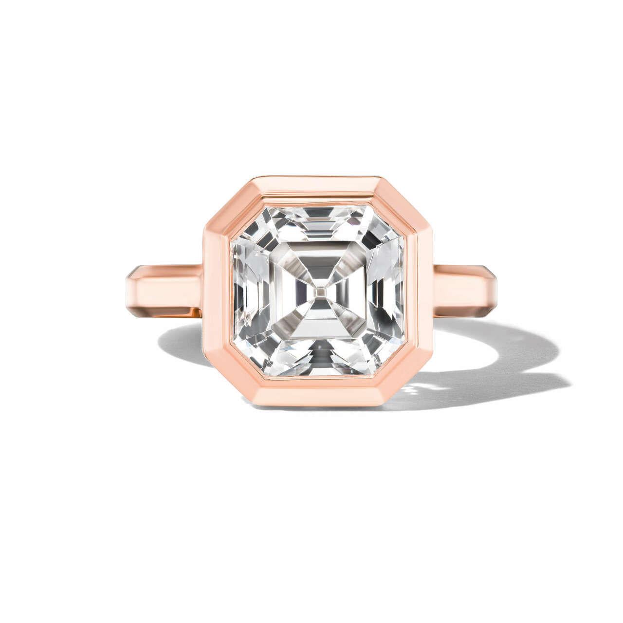 SHIELD BEZEL SET ASSCHER CUT DIAMOND ENGAGEMENT RING IN 18K ROSE GOLD