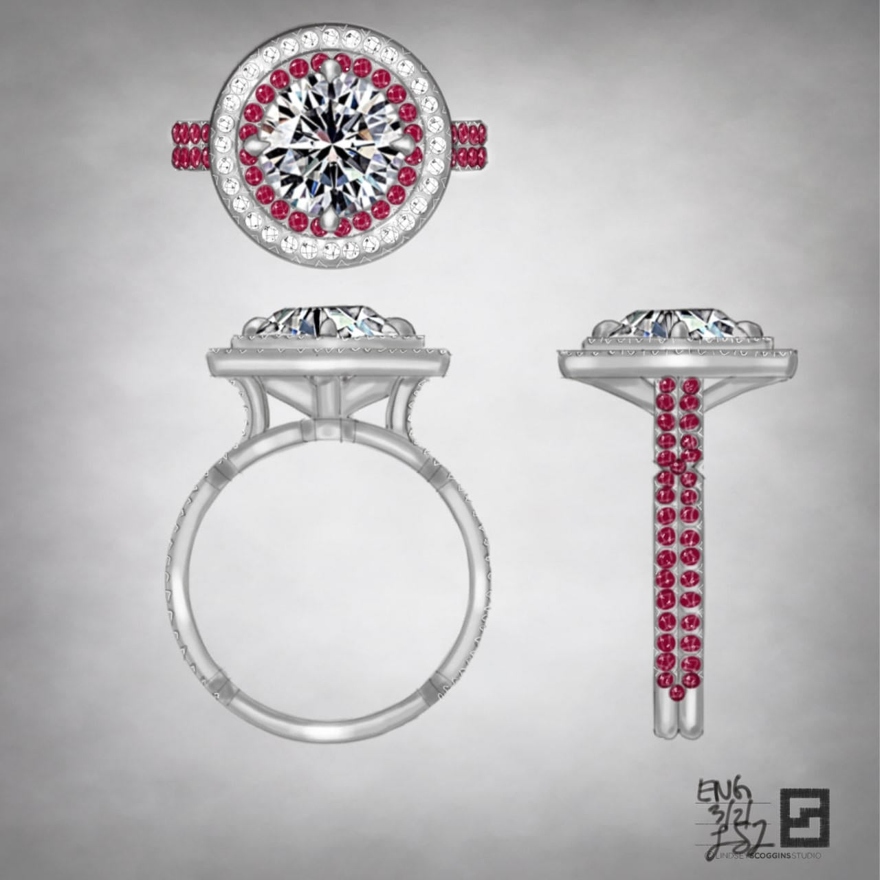 two row double halo ring pop engagement ring with diamonds and rubies