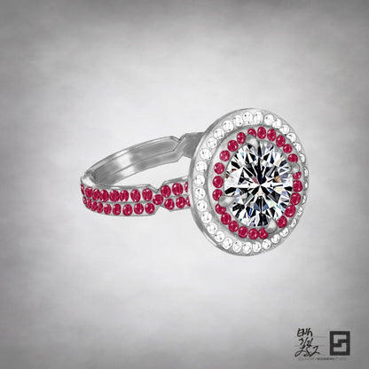 two row double halo ring pop engagement ring with diamonds and rubies