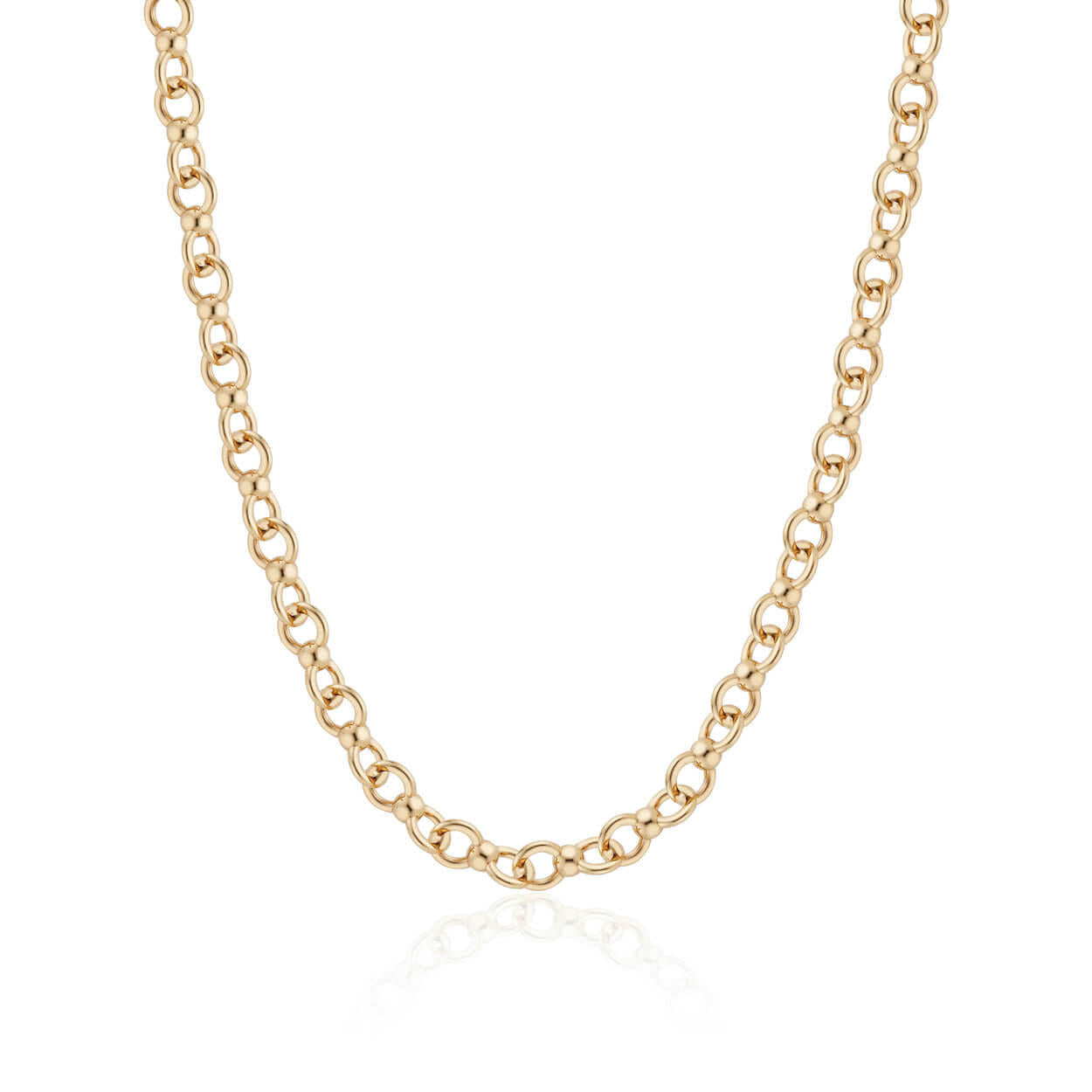 twisted infinity ball and chain necklace in 18 karat gold; gold ball chain necklace