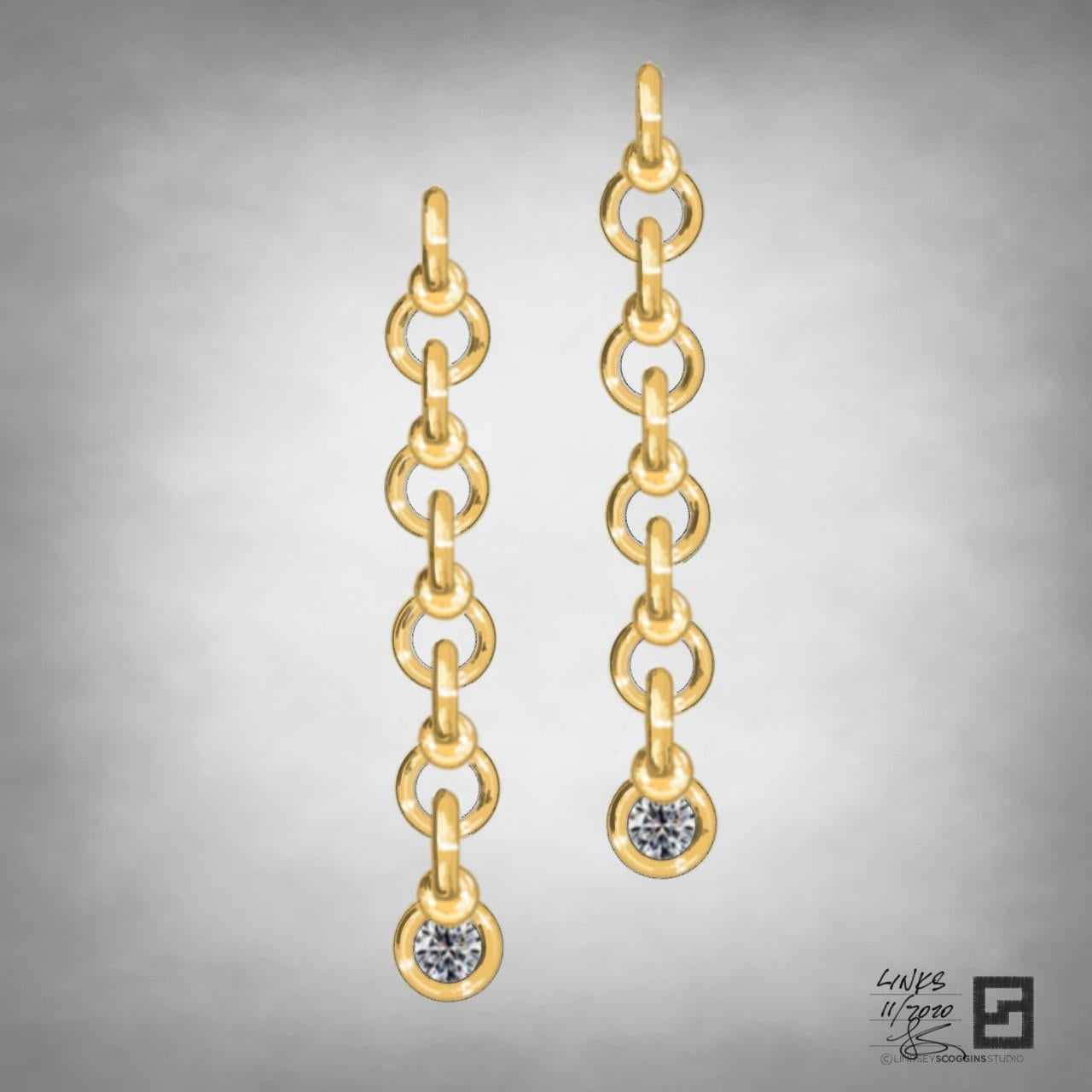 twisted infinity ball and chain link earrings in 18 karat gold with diamonds