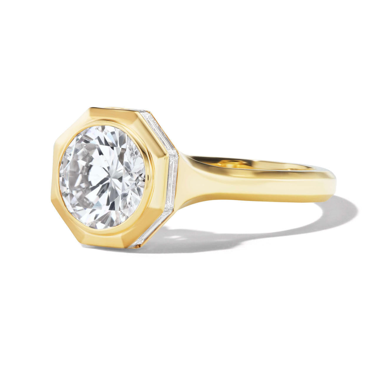 shield octagon bezel set round diamond engagement ring in 18k yellow gold