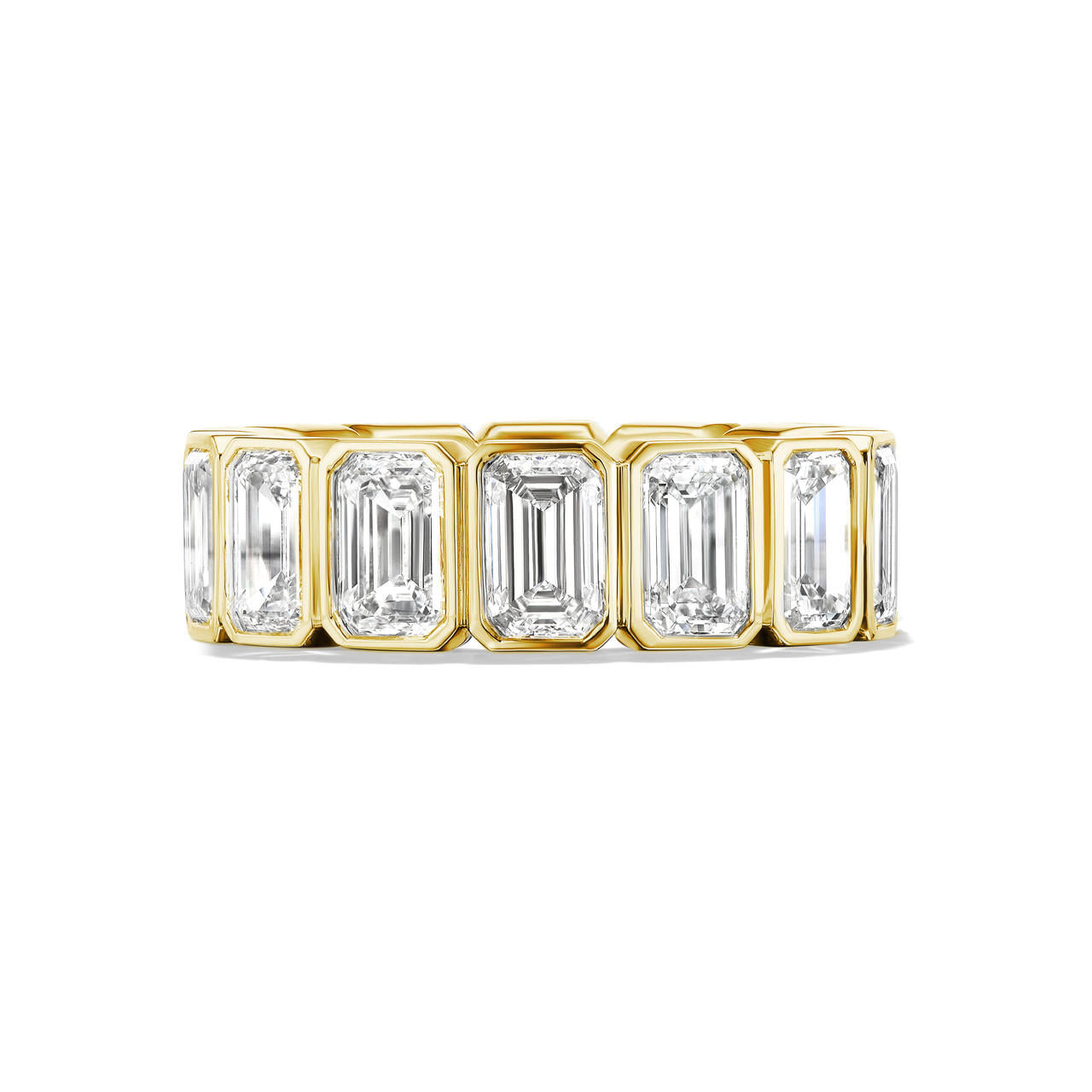 Bezel-set-emerald-cut-diamond-eternity-band-yellow gold