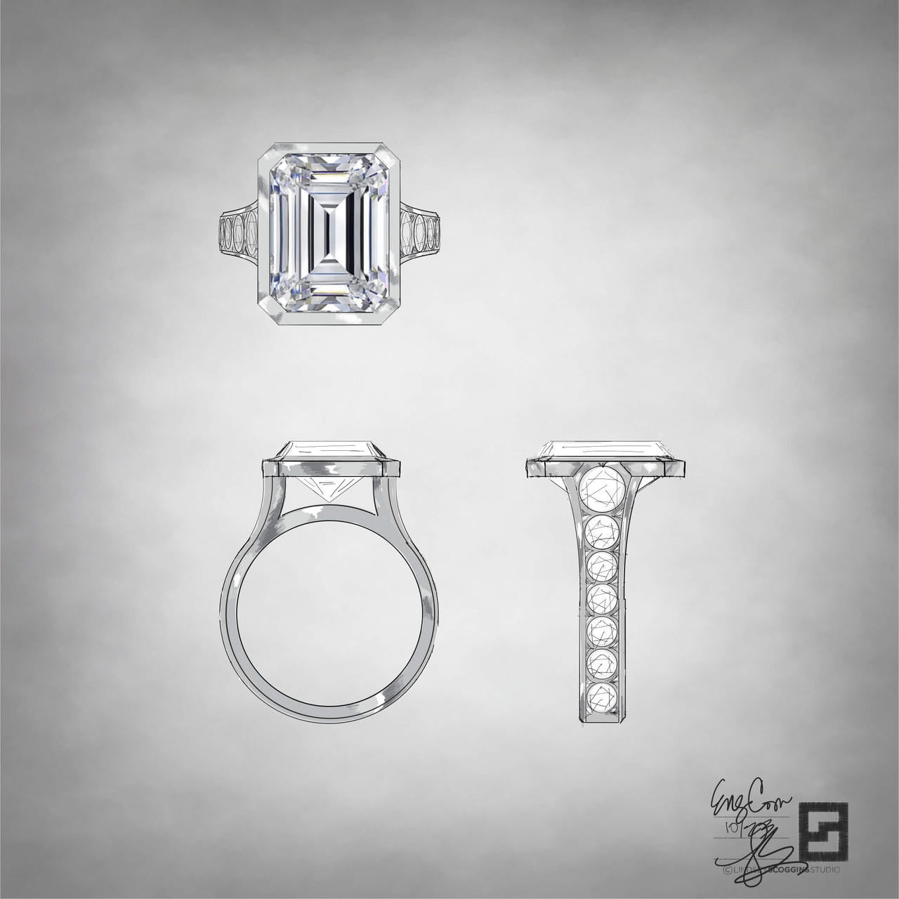 BEZEL SET EMERALD CUT ENGAGEMENT RING WITH GRADUATED DIAMOND SHANK