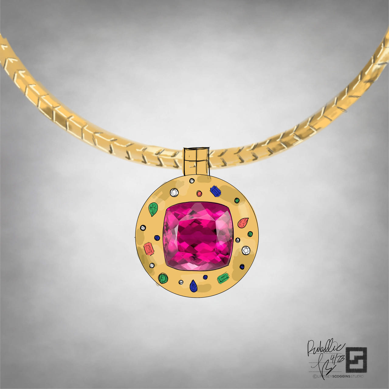 Confetti Rubellite Cushion Slider Necklace