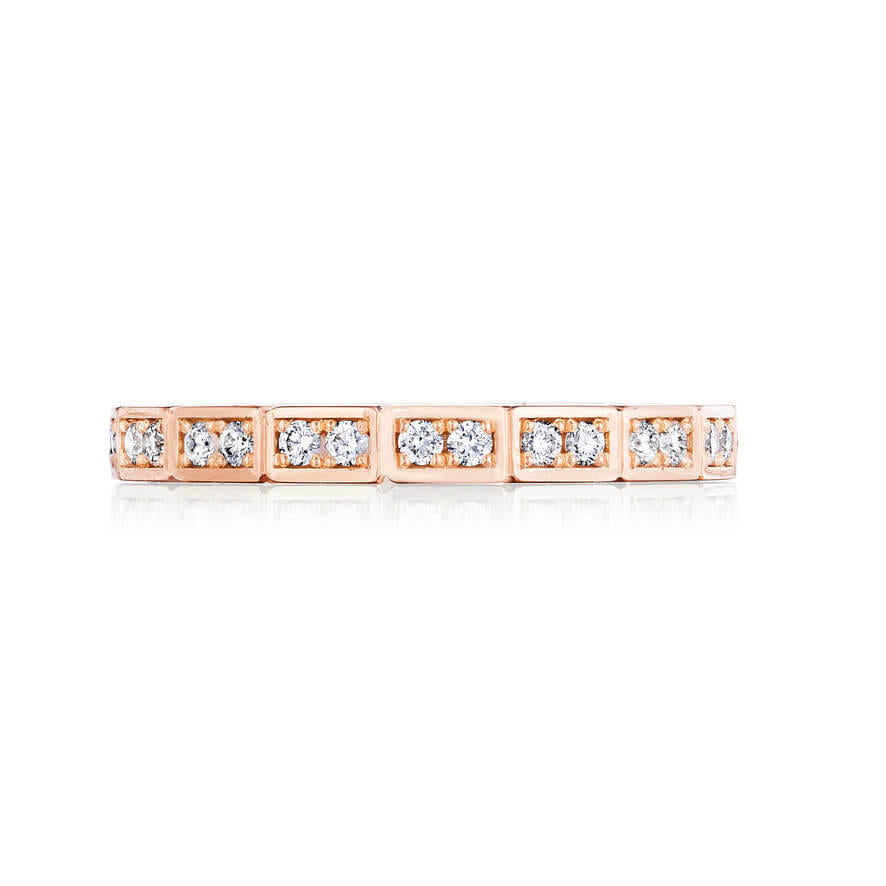 brick by brick wedding band with round diamonds in 18k gold or platinum ; pave diamond band