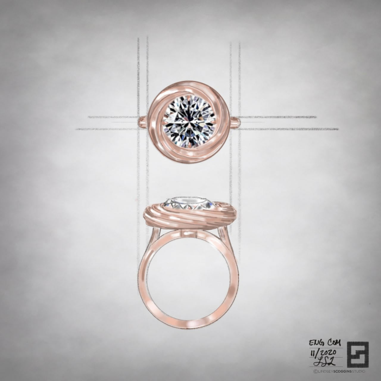 rose gold twisted halo engagement ring with continuum halo and round diamond center stone