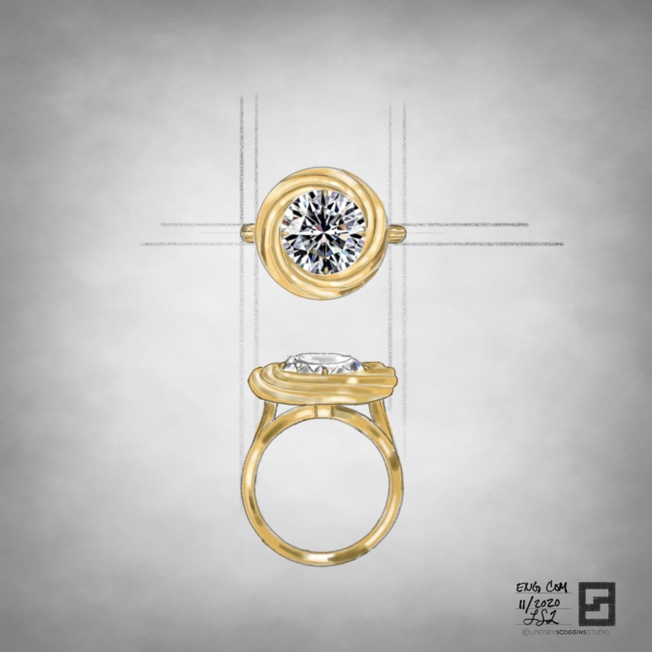 yellow gold twisted halo engagement ring with continuum halo and round diamond center stone