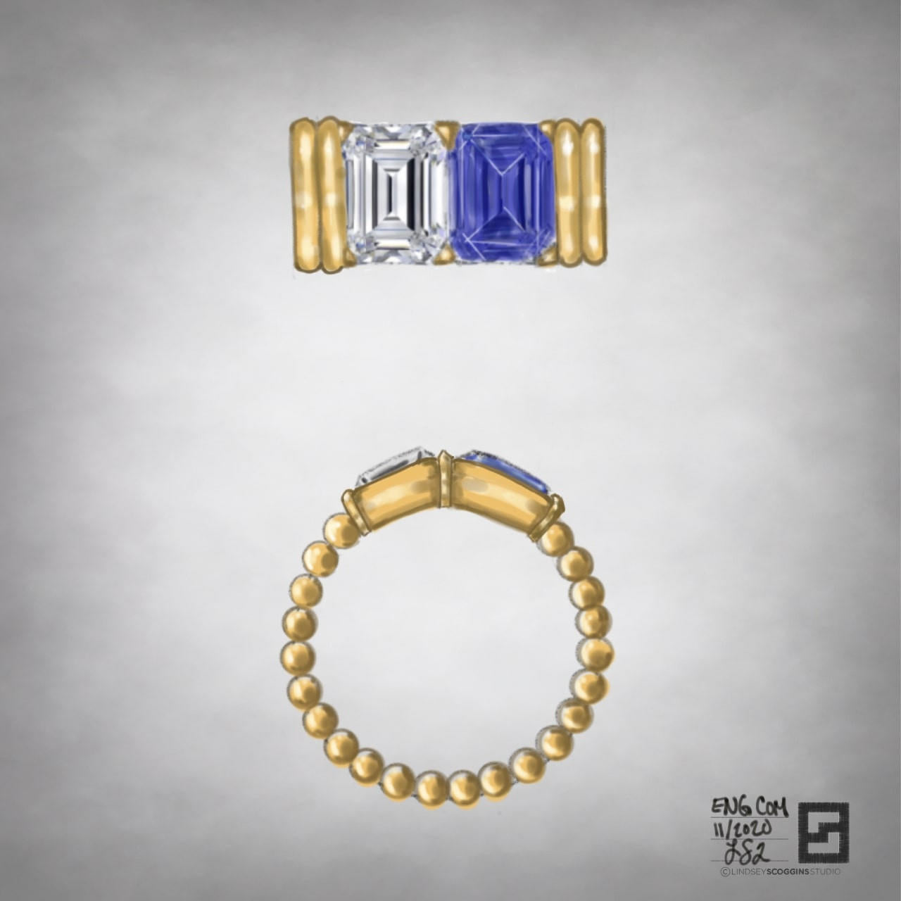 emerald cut toi et moi ring sapphire and diamond with corrugated band in 18 karat gold