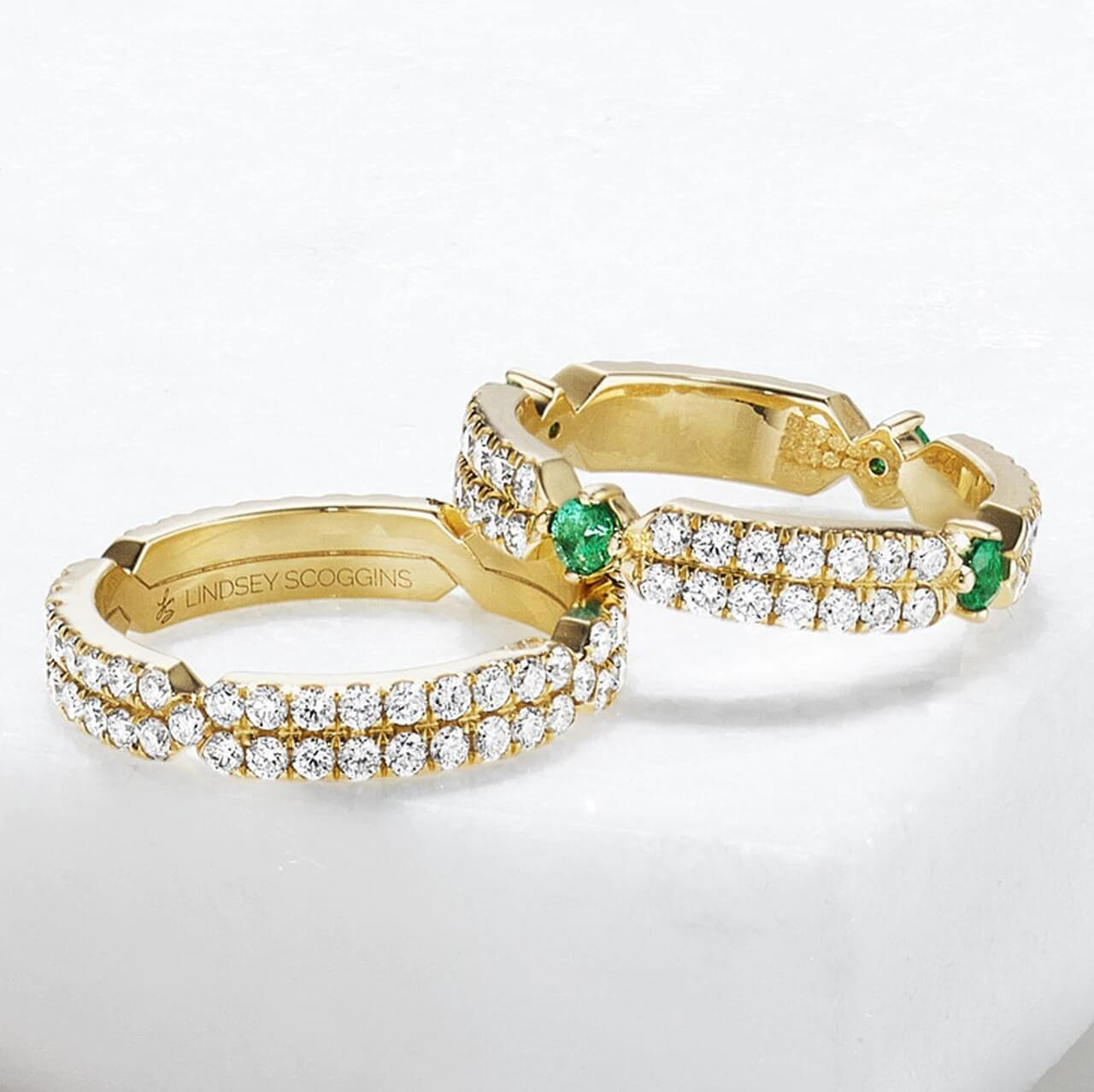 chance two row pave diamond bands in gold with emerald accents