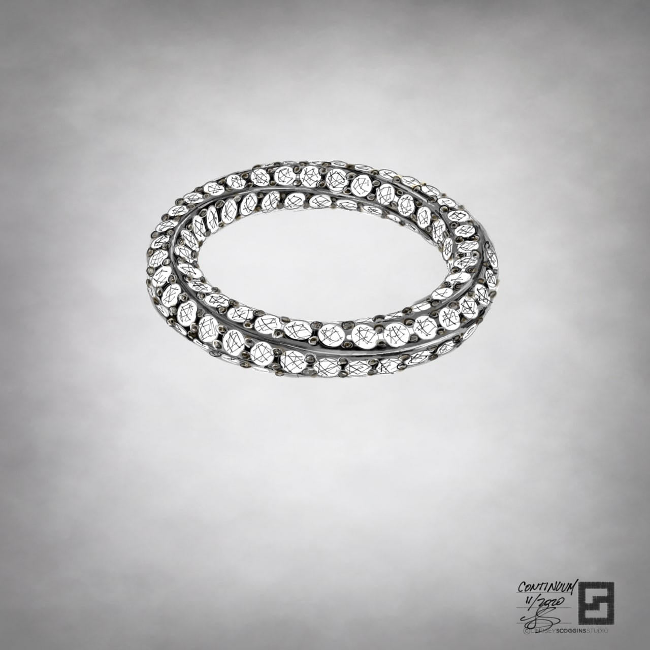 inside out eternity band with 1 row of entwined pave diamonds in 18 karat gold or platinum