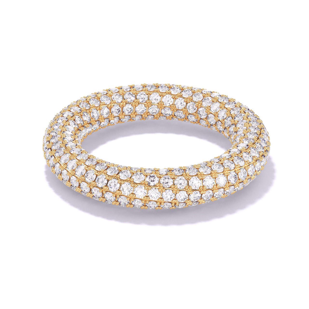 twisted diamond eternity band with 2 rows of entwined pave diamonds in yellow gold