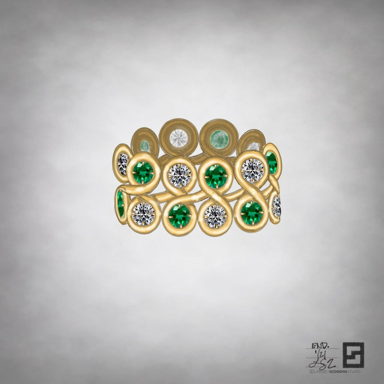 double row of endless loops with diamonds and emeralds in 18k yellow gold