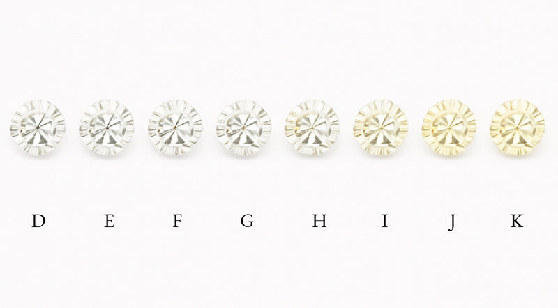 Representation of round-cut diamond rings in a color spectrum showing grades from D colorless to K yellow-tinted.