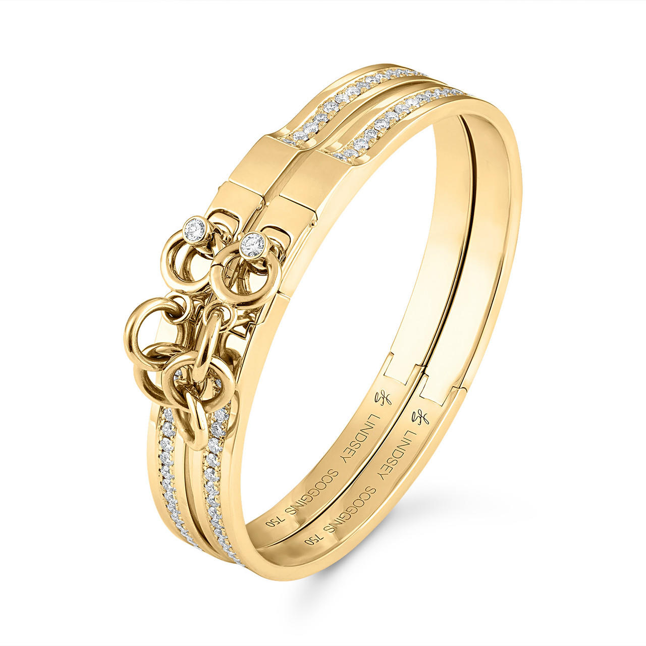 Oath double cuffs with pave diamond row and bezel diamond pushers in 18k yellow gold