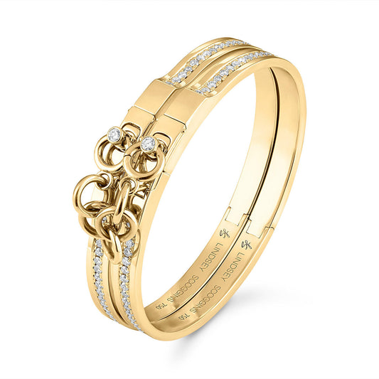 Oath double cuffs with pave diamond row and bezel diamond pushers in 18k yellow gold