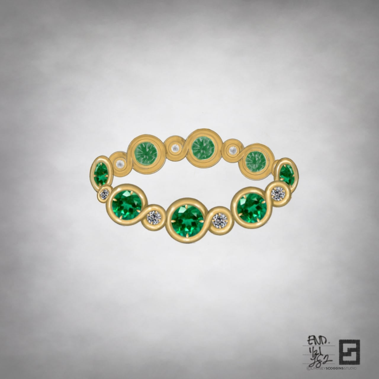 single row of endless loops with diamonds and emeralds in 18k yellow gold