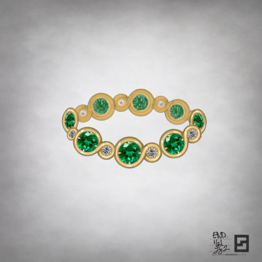 single row of endless loops with diamonds and emeralds in 18k yellow gold