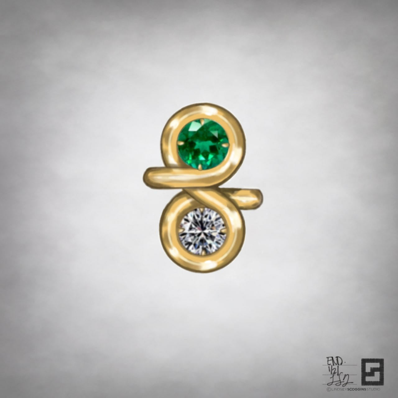 two stone engagement ring with endless gold halo and diamond and emerald center stones in 18 karat gold; modern moi et toi ring; toi et moi ring