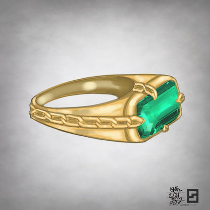 closeup of emerald and gold ring ; gypsy ring with engraved links in yellow gold