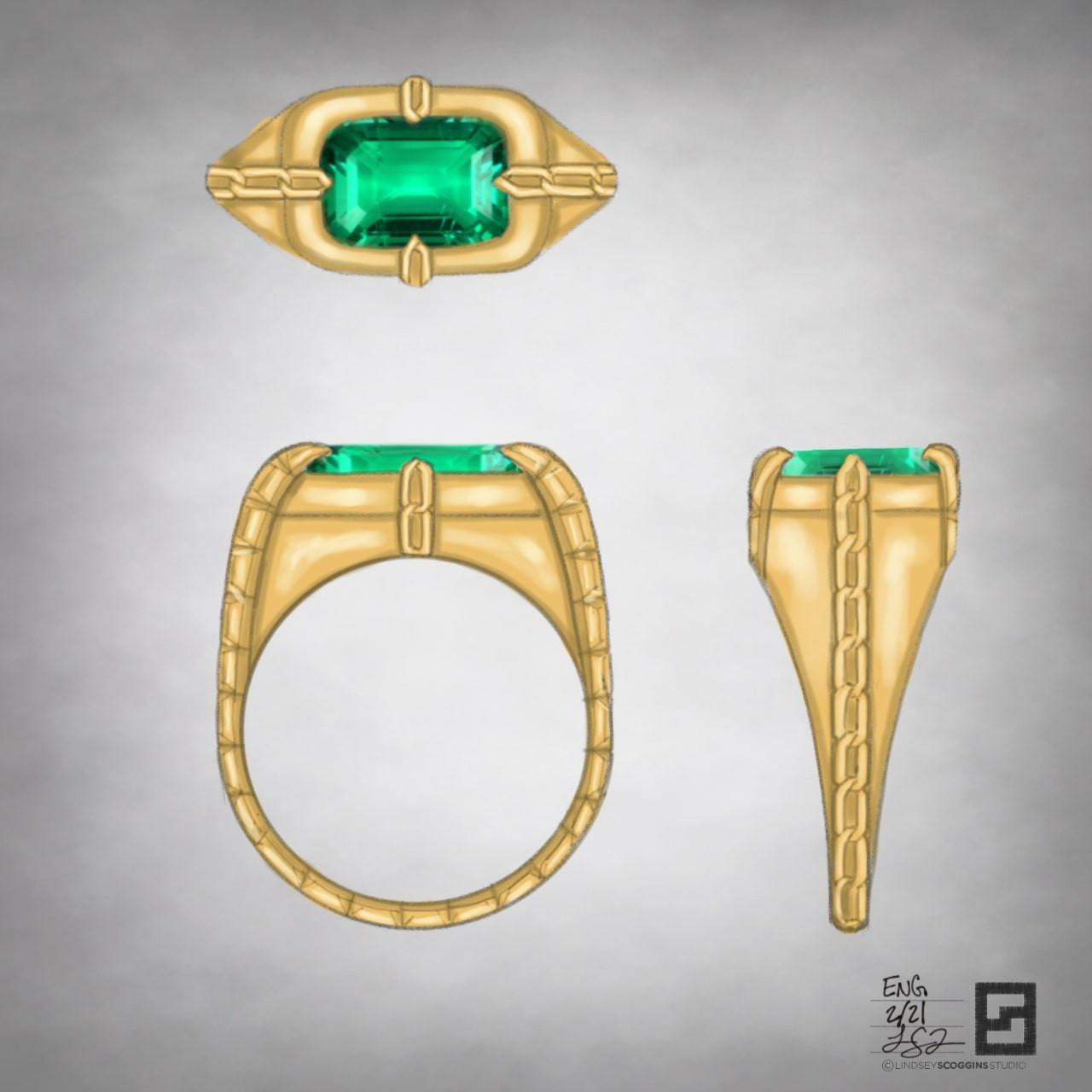 emerald and gold ring ; gypsy ring with engraved links in yellow gold