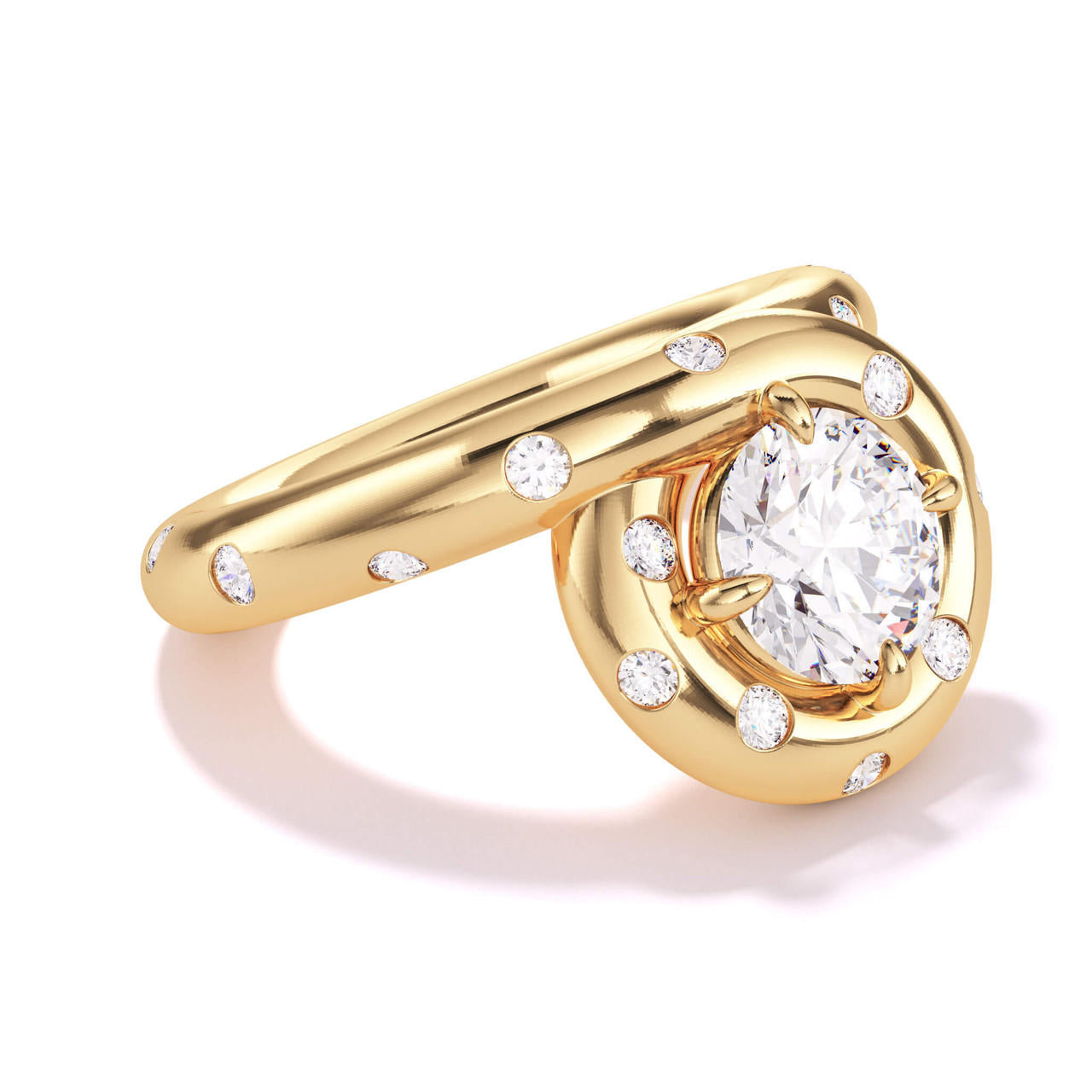 Endless Loop confetti ring with burnished diamonds in 18k yellow gold; unique halo engagement ring