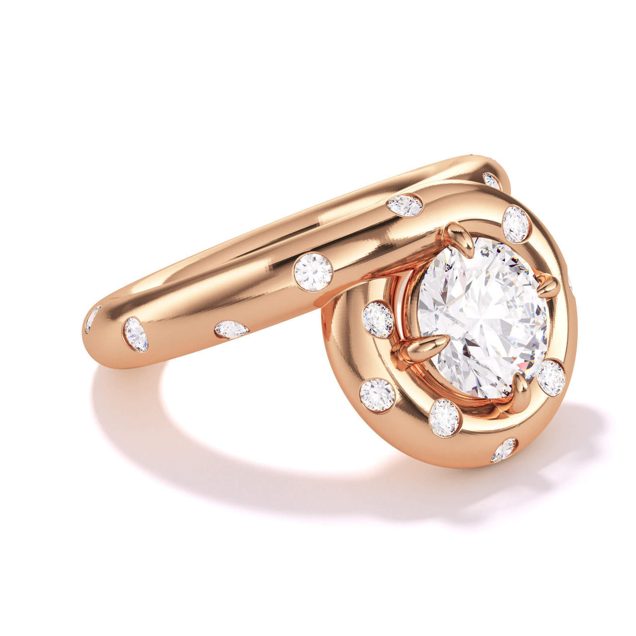 Endless Loop confetti ring with burnished diamonds in 18k rose gold; unique halo engagement ring