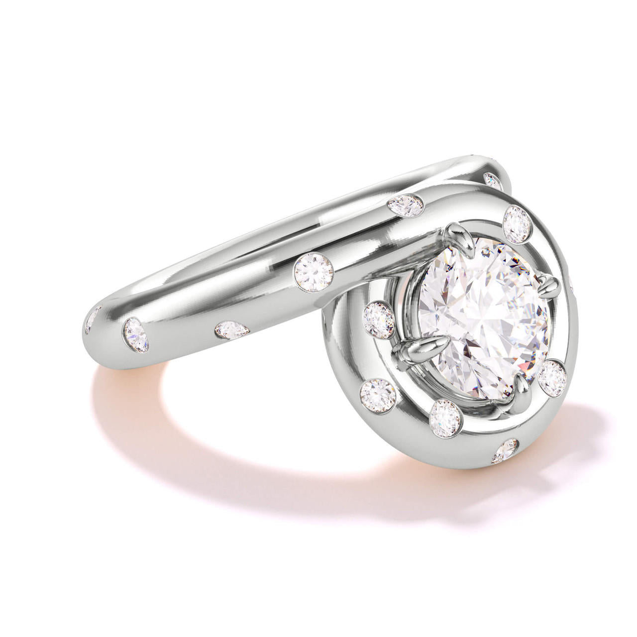 Endless Loop confetti ring with burnished diamonds in platinum; unique halo engagement ring