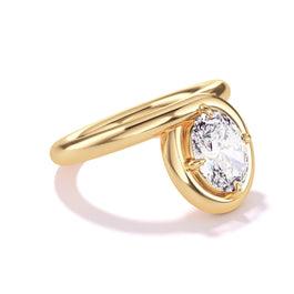Angled view of the Oval Endless Loop Slim Engagement Ring in 18K yellow gold.