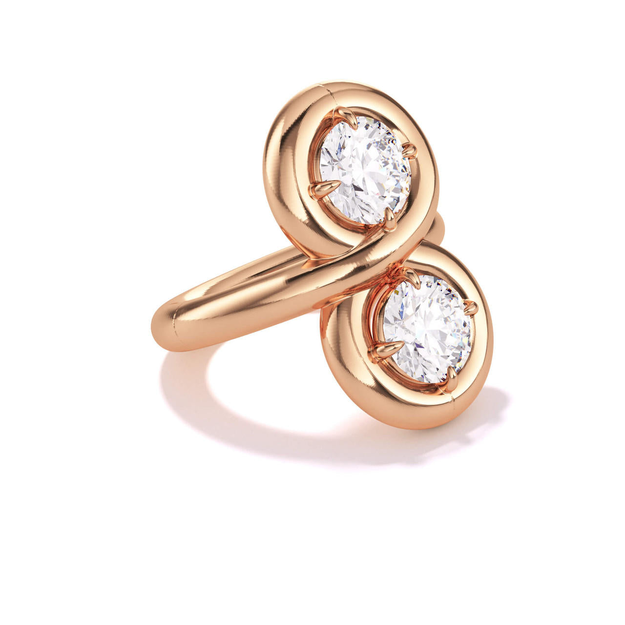 two stone toi et moi engagement ring with endless gold halo and round brilliant diamonds in 18 karat rose gold; modern moi et toi ring; toi et moi ring
