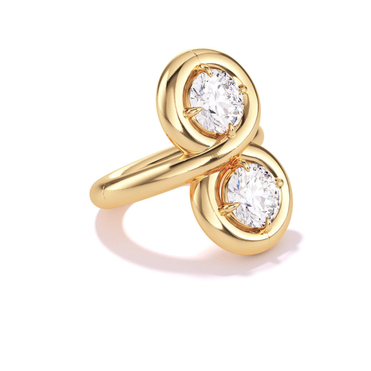 two stone toi et moi engagement ring with endless gold halo and round brilliant diamonds in 18 karat yellow gold; modern moi et toi ring; toi et moi ring