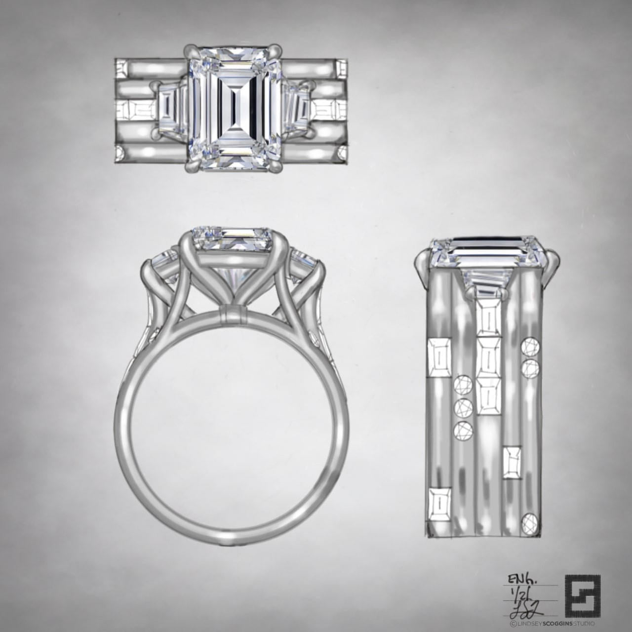 emerald cut and trapezoid energy band engagement ring; wide band engagement ring