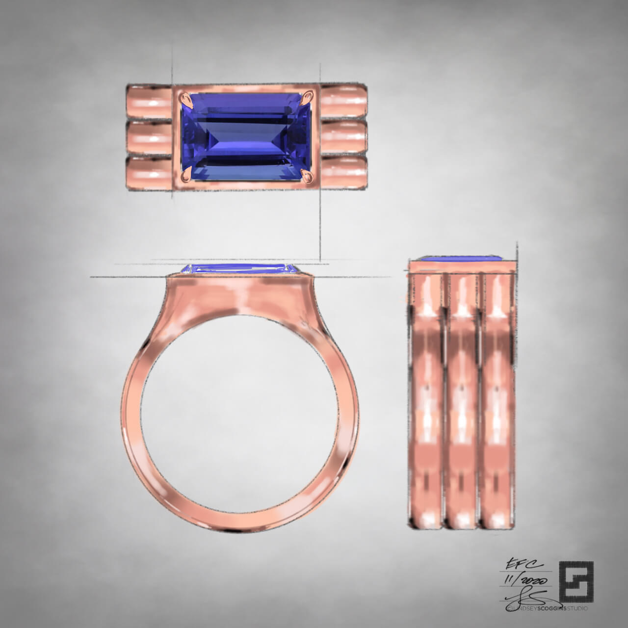 oath elongated emerald cut engagement ring in rose gold; east west emerald cut diamond engagement ring