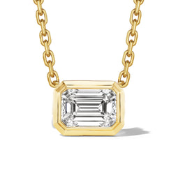 EAST WEST EMERALD CUT DIAMOND BEZEL SET SHIELD PENDANT NECKLACE IN 18K YELLOW GOLD