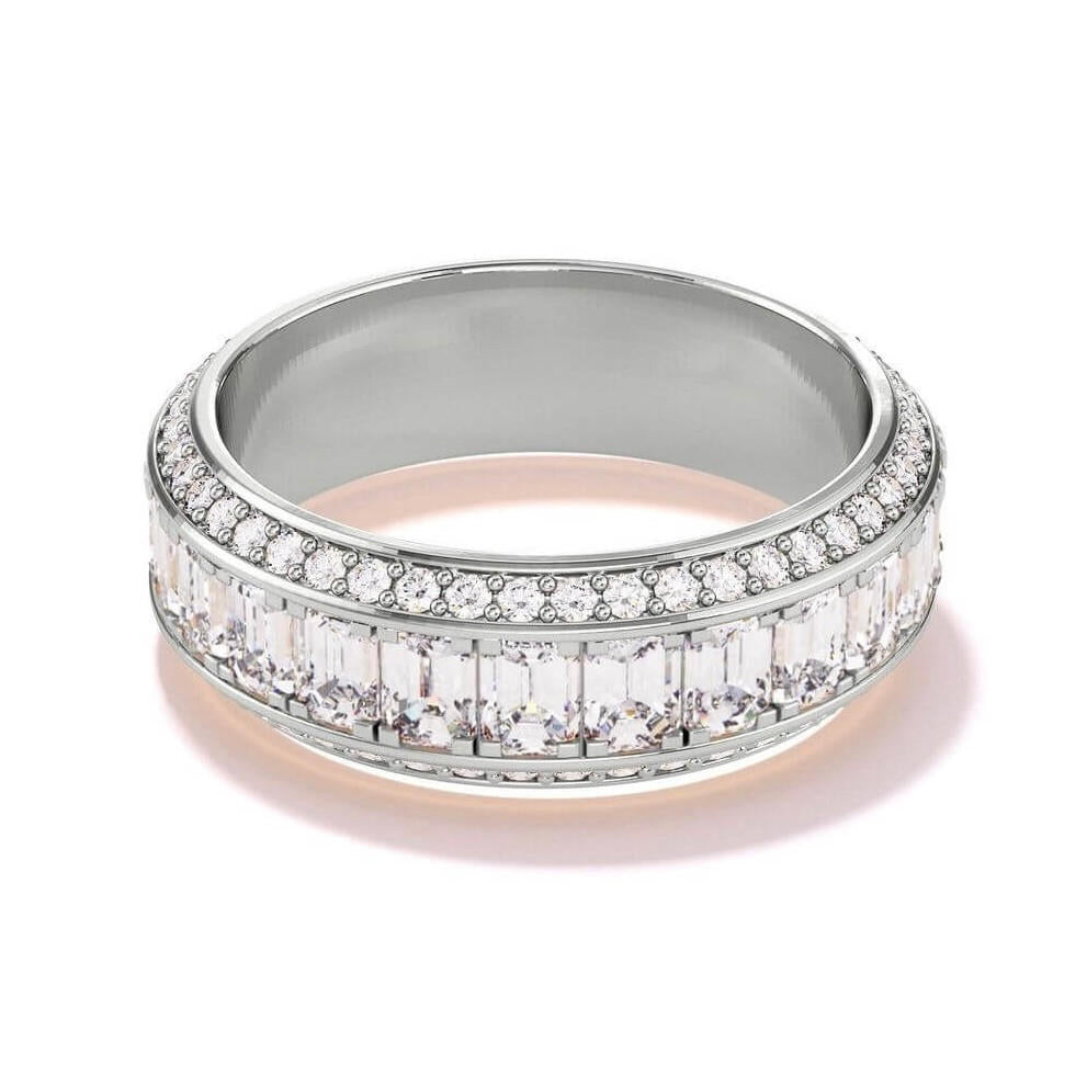 emerald cut and pave diamond beveled wedding band