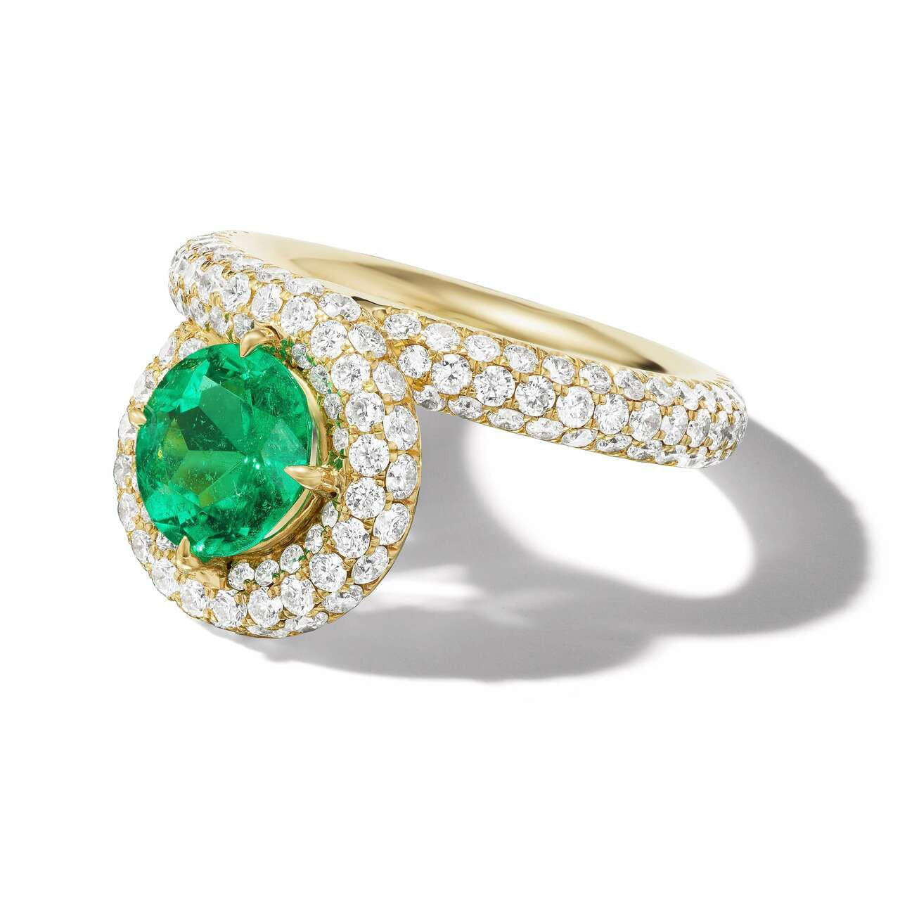 pave endless loop ring with emerald and diamond