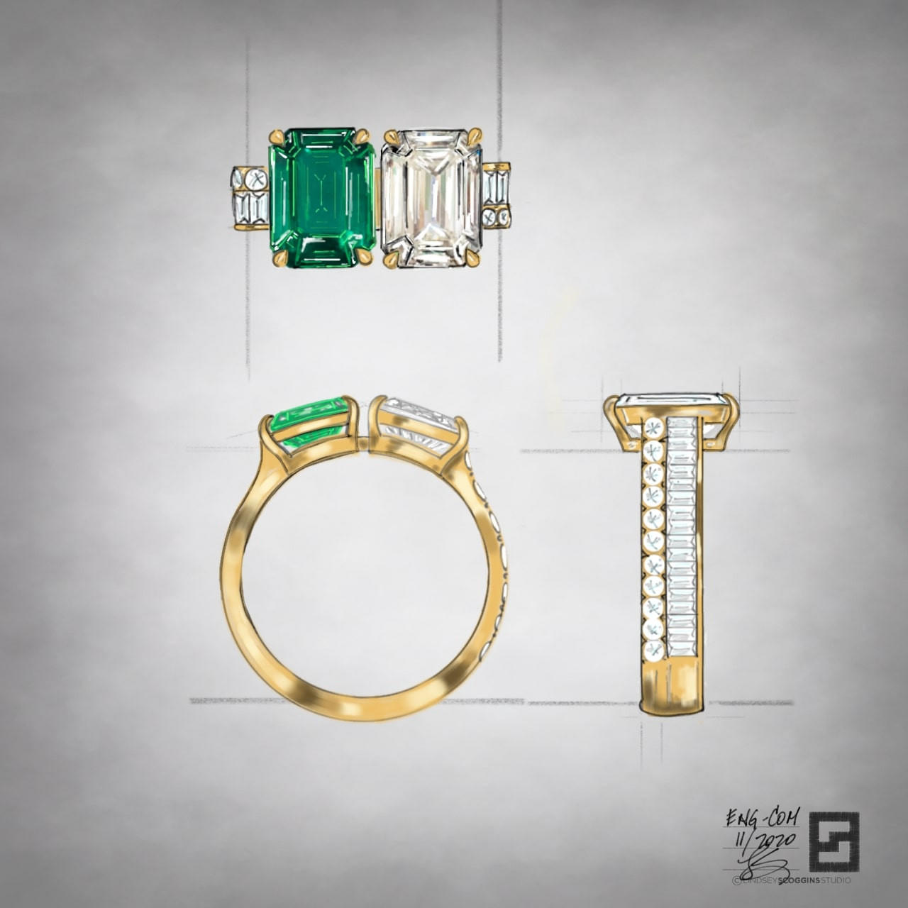 two stone emerald and diamond toi et moi engagement ring with emerald and diamond in 18 karat gold