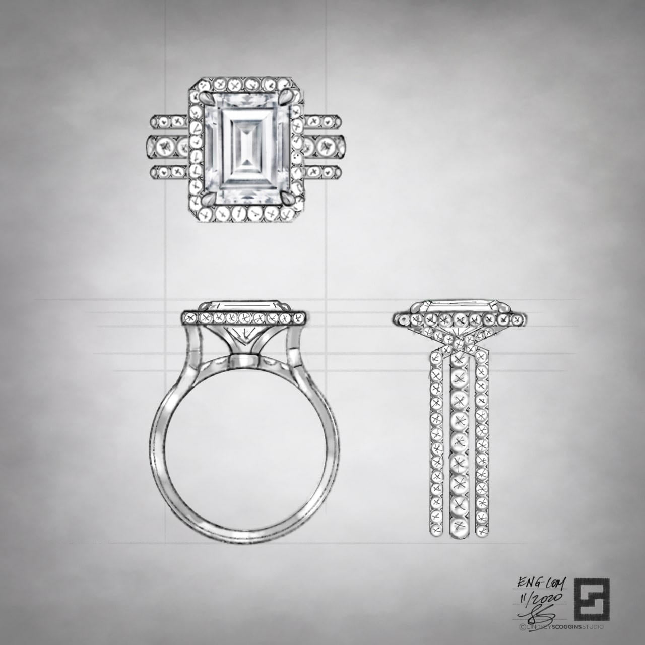 custom emerald cut halo engagement ring with three row bridge setting in platinum