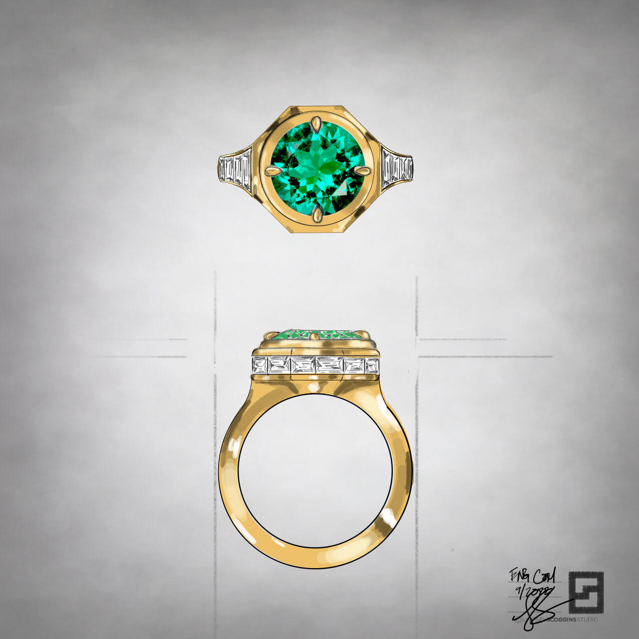 Octagon Bezel Baguette Frame Engagement Ring