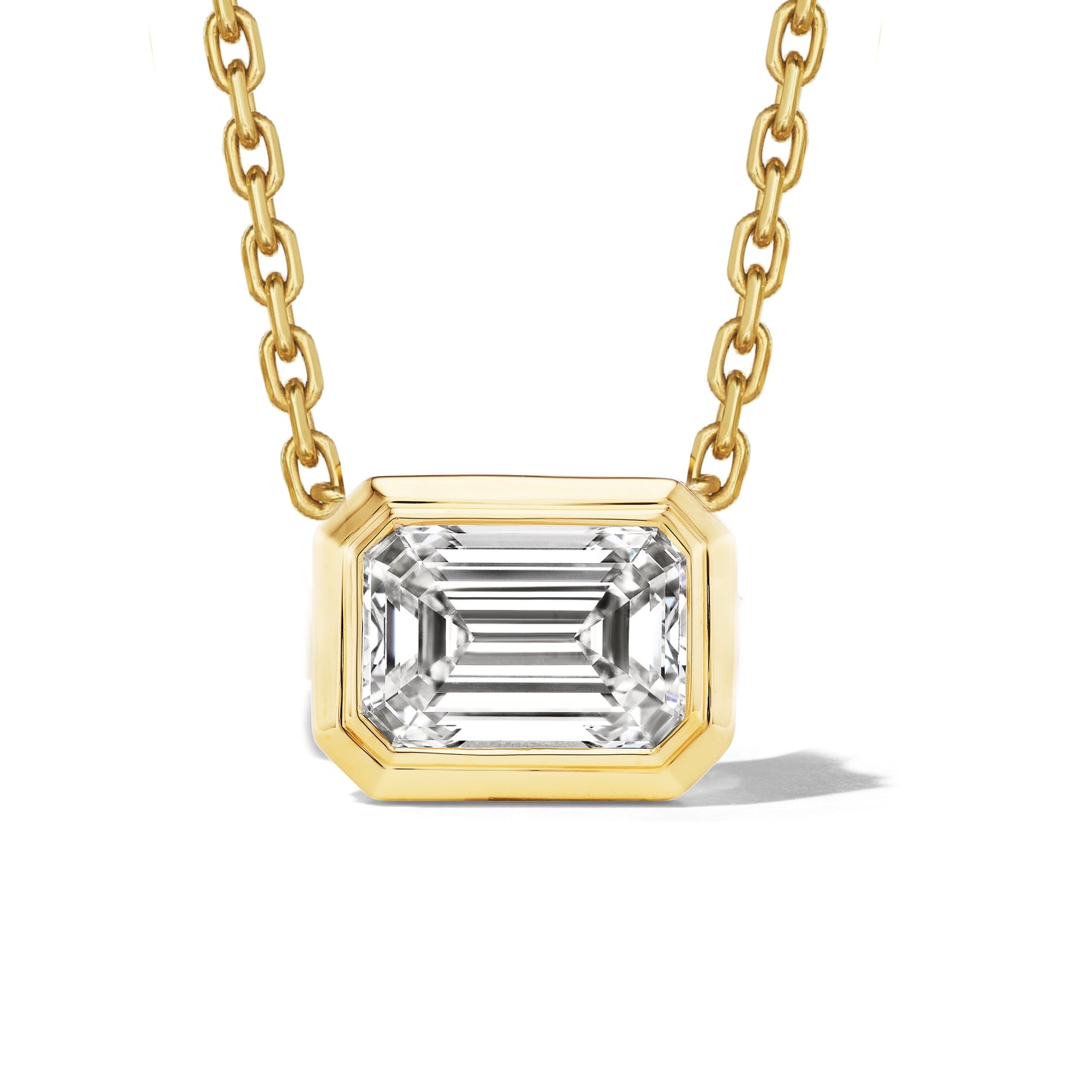 EAST WEST EMERALD CUT DIAMOND BEZEL SET SHIELD PENDANT NECKLACE IN 18K YELLOW GOLD