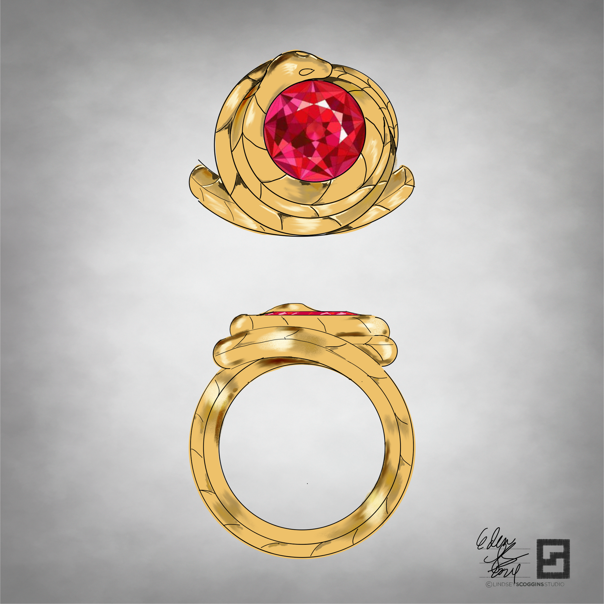 endless loop snake ring with red tourmaline