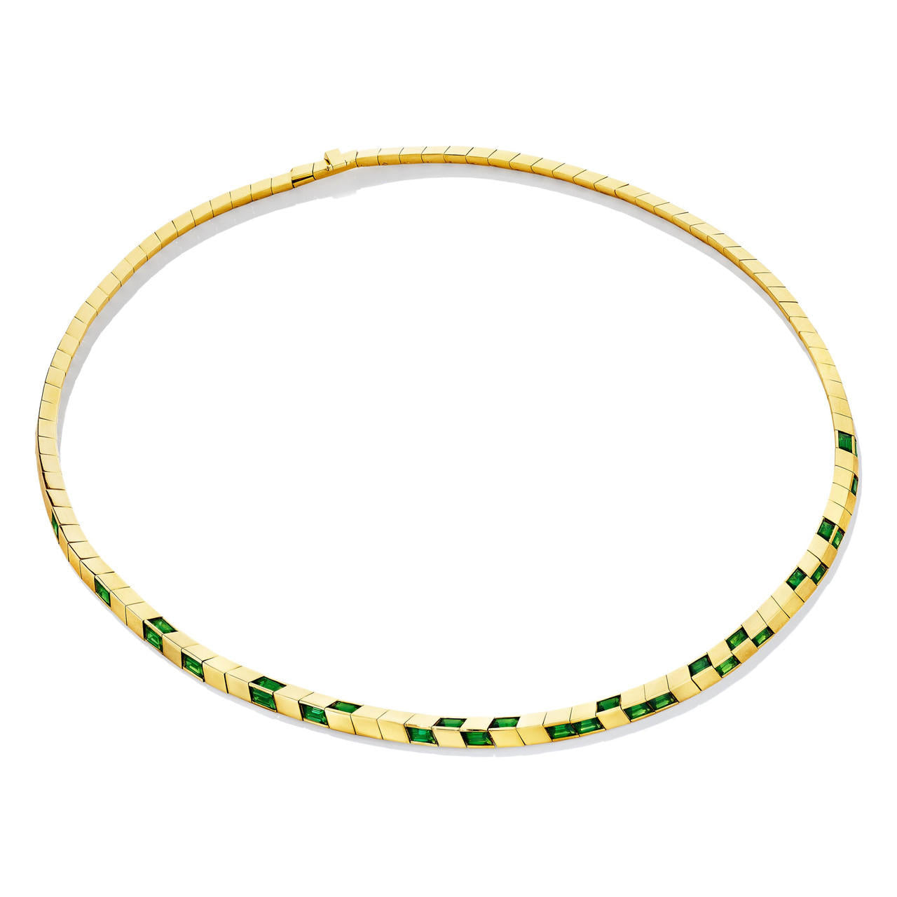 knife edge tennis necklace with tourmalines in 18 karat yellow gold