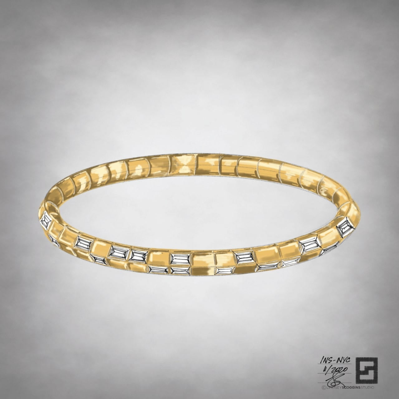 knife edge tennis bracelet with baguette diamonds in 18 karat yellow gold