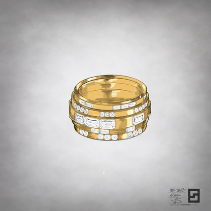 tiered eternity band with emerald cut diamonds and baguette diamonds in 18 karat yellow gold