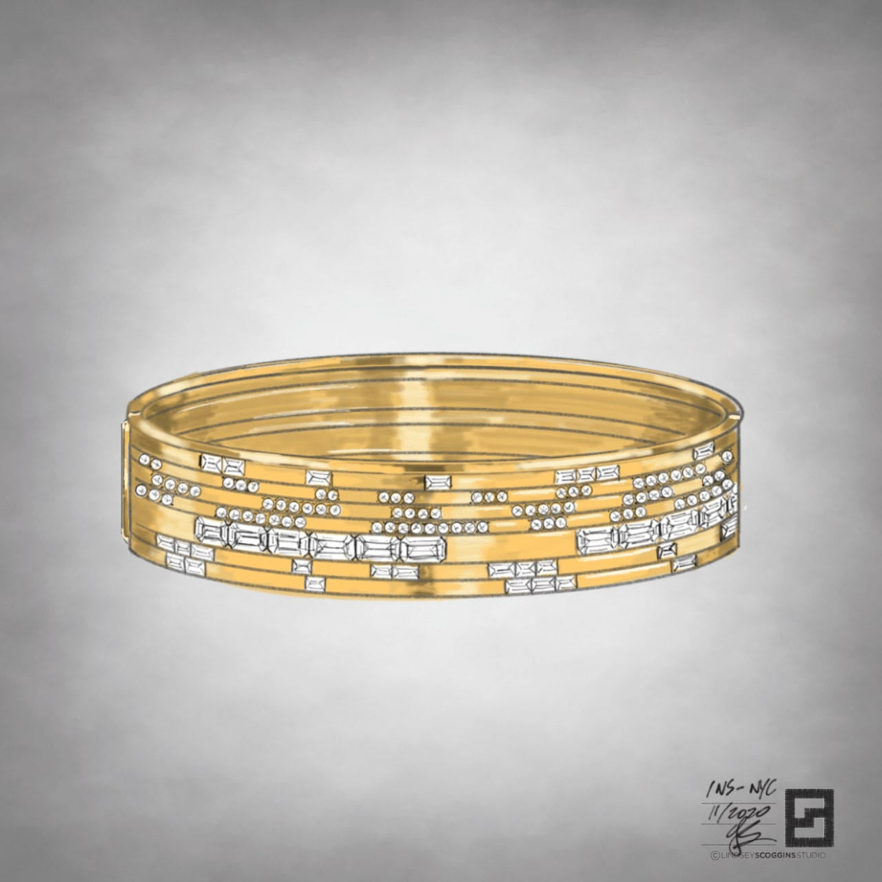 Emerald cut, baguette, and round diamond hinged bangle in 18 karat yellow gold