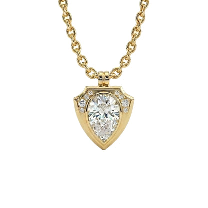 SHIELD PENDANT NECKLACE WITH PEAR SHAPED DIAMOND