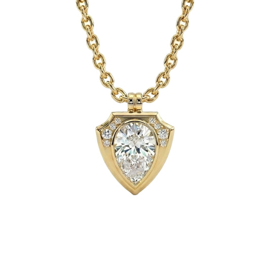 SHIELD PENDANT NECKLACE WITH PEAR SHAPED DIAMOND