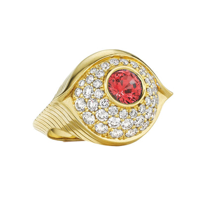 Diamond and ruby evil eye ring in 18k yellow gold