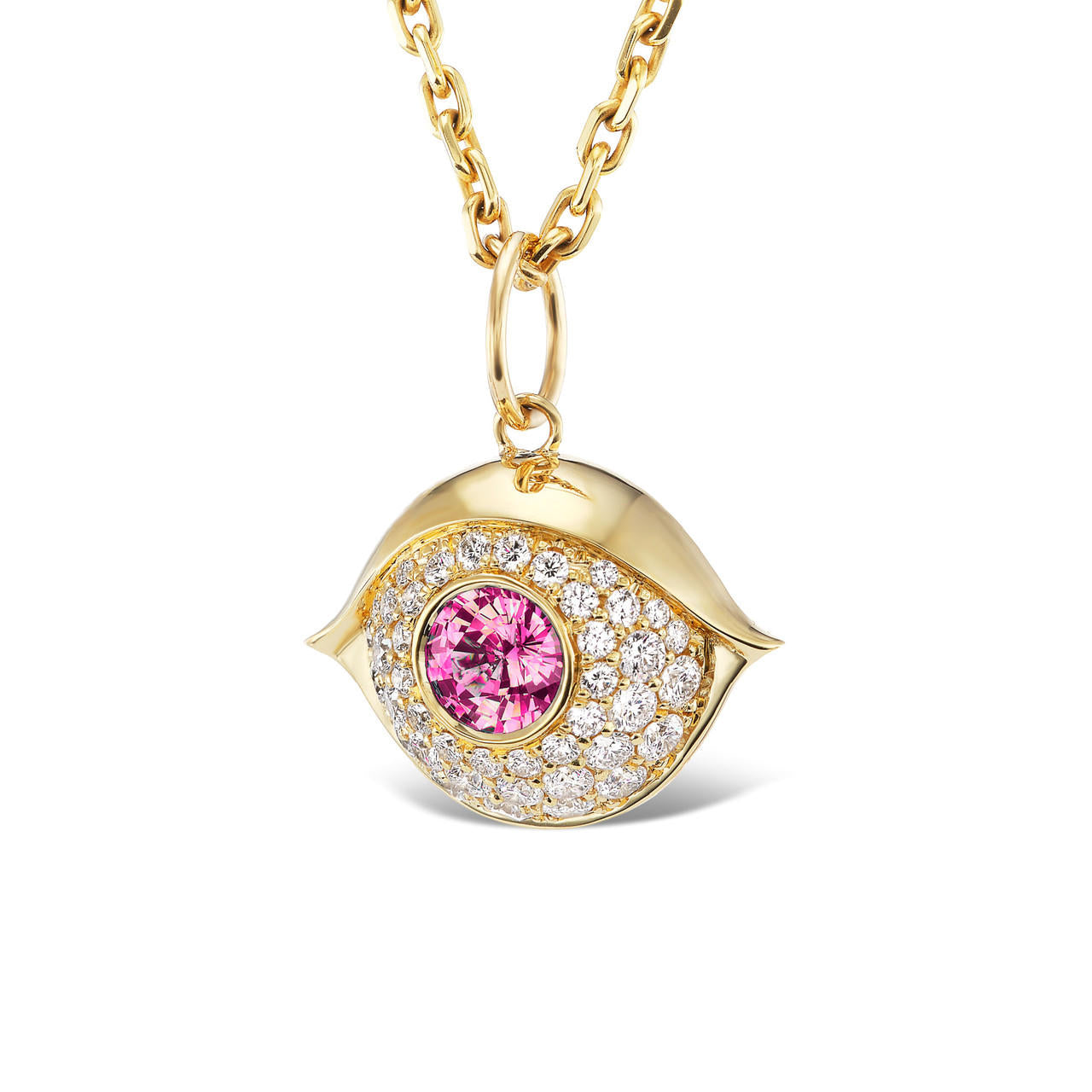 ruby and diamond evil eye necklace in 18k yellow gold