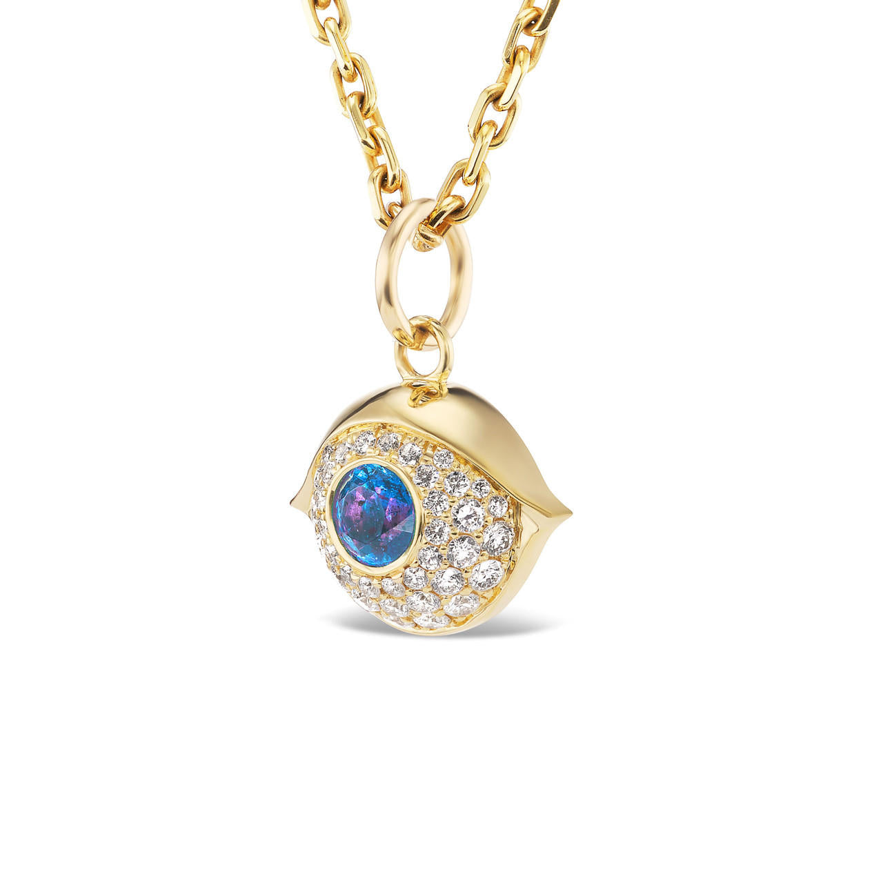 SMALL GOLD AND DIAMOND EVIL EYE PENDANT WITH SAPPHIRE